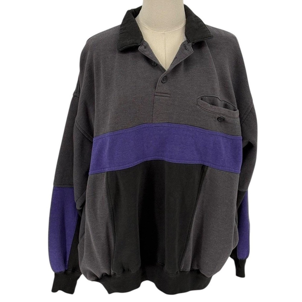 Willow Bay Vintage Gray Purple Color Block Long Sleeve Polo Shirt Sweatshirt‎ XL